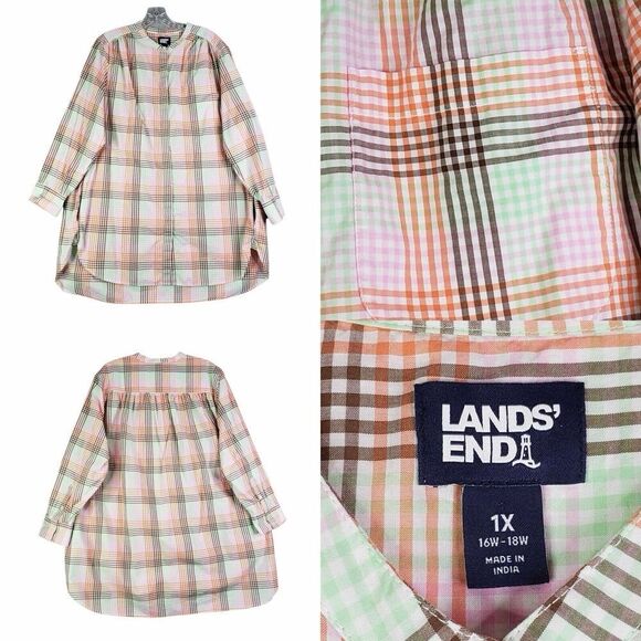 Lands End Shirt Popover Womens Plus Size 1X Multicolor Plaid LS Flannel - Picture 1 of 12